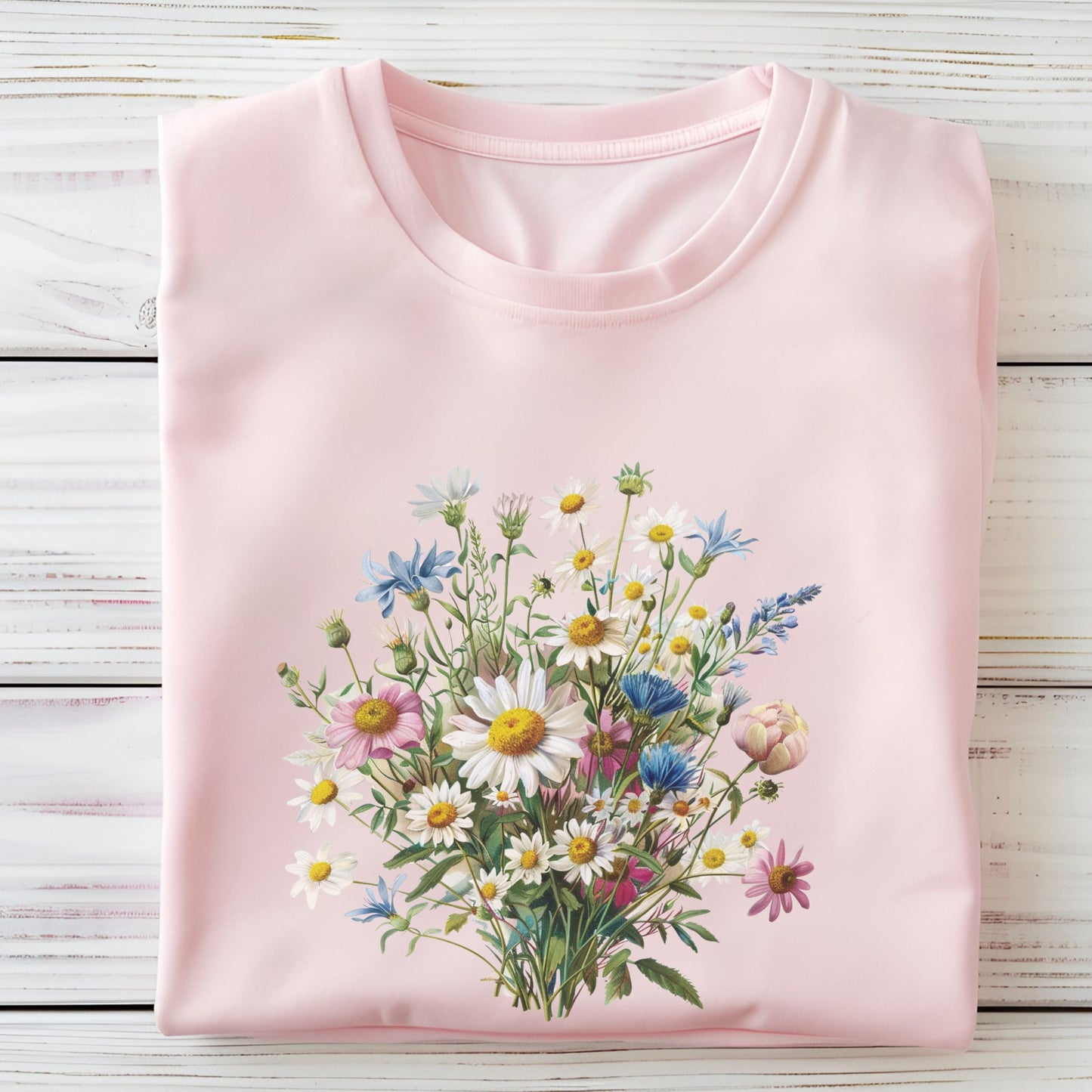 Pink long sleeve t-shirt with a floral design on a wooden surface