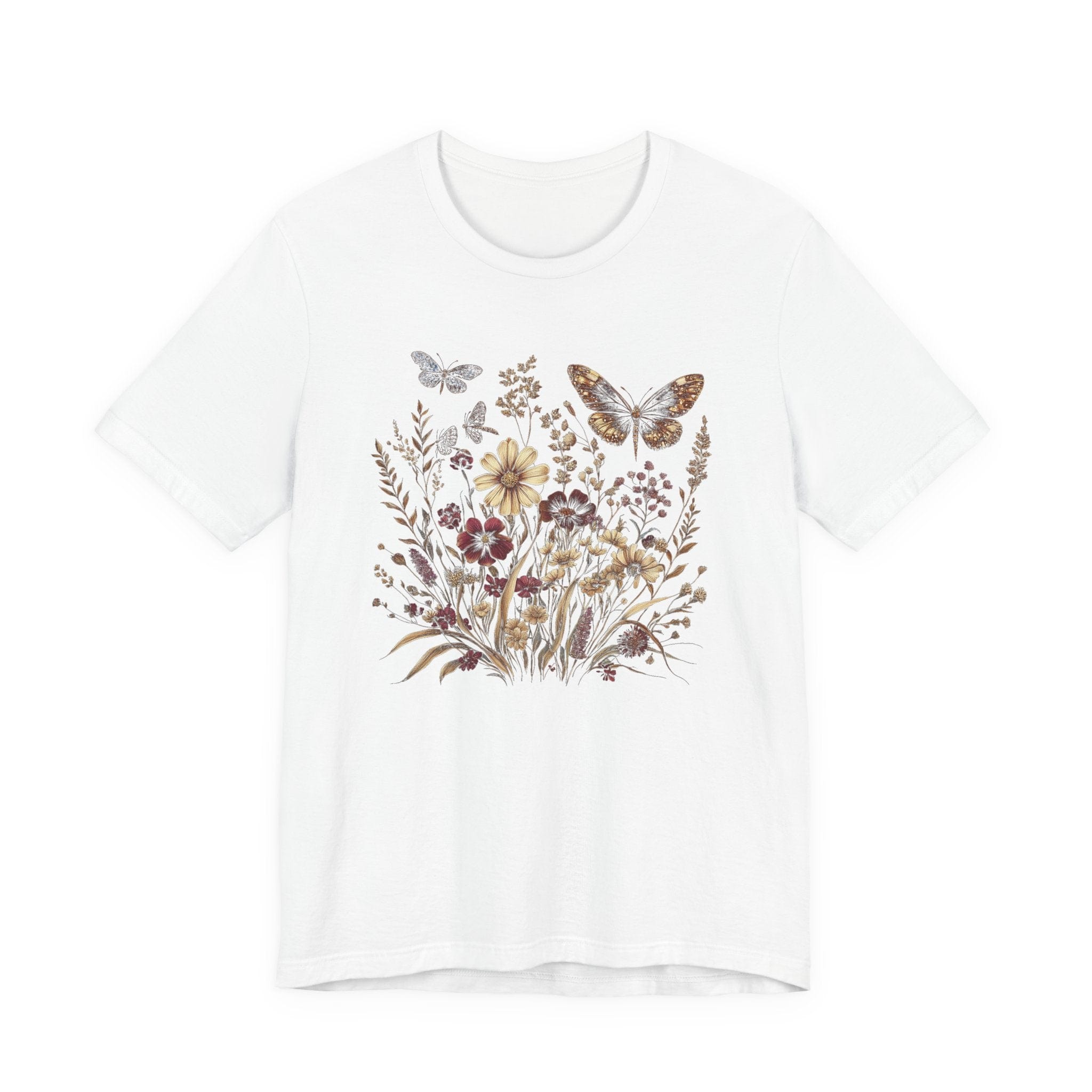 White t-shirt with floral and butterfly design on a white background