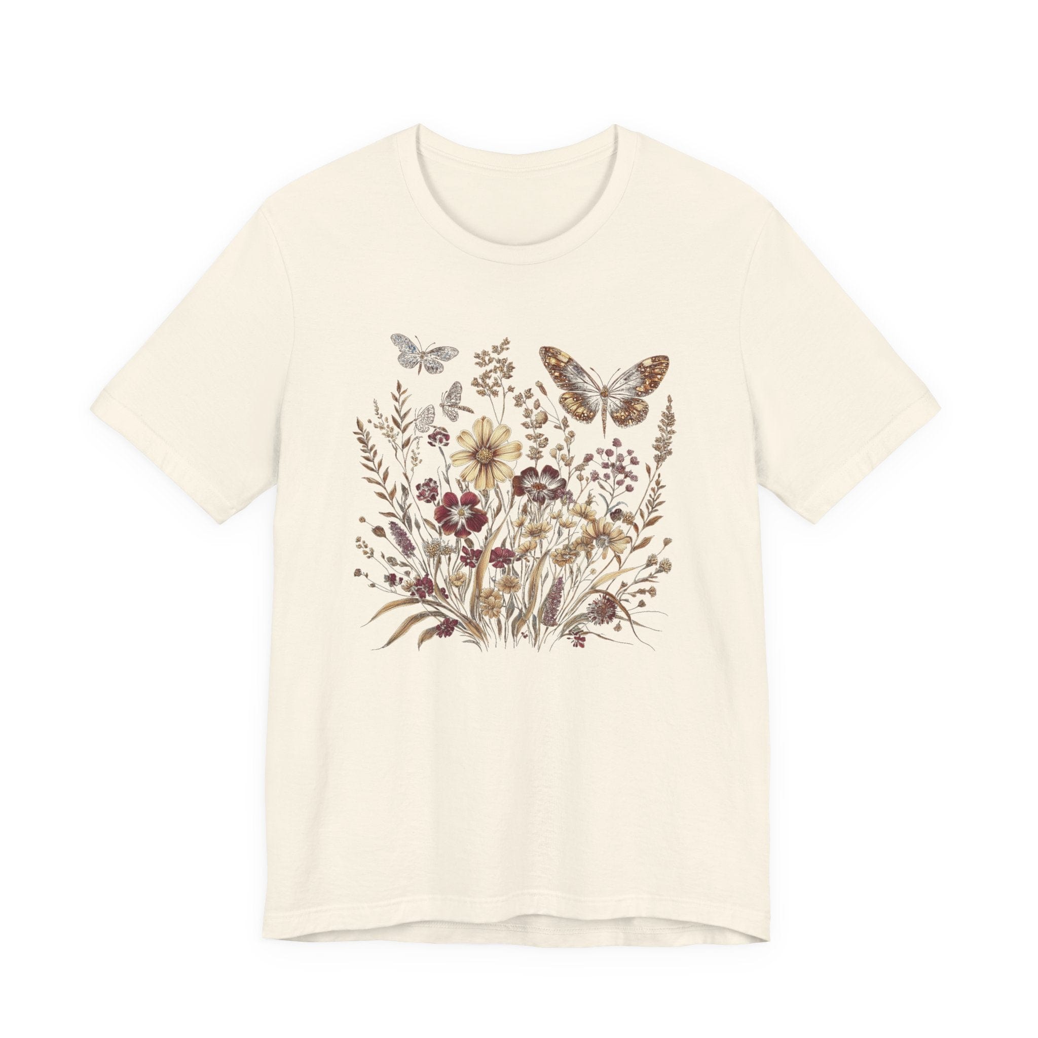 Natural t-shirt with floral and butterfly design on a white background