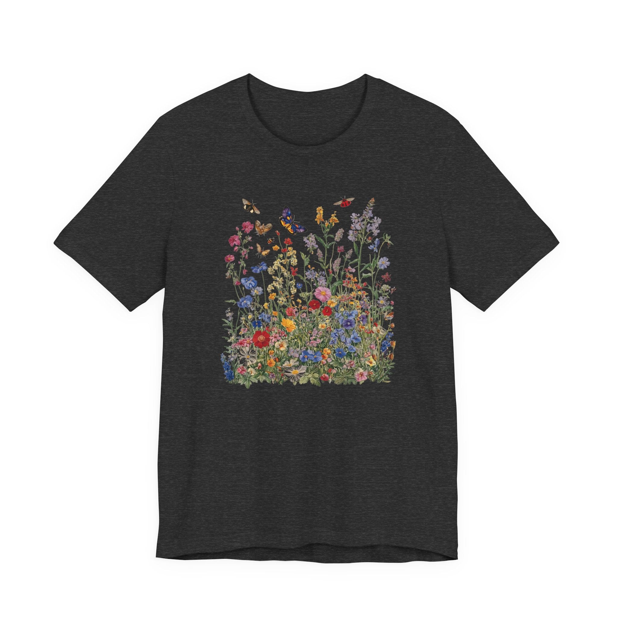 Flat lay of dark grey heather t-shirt featuring colorful wildflower meadow with butterflies