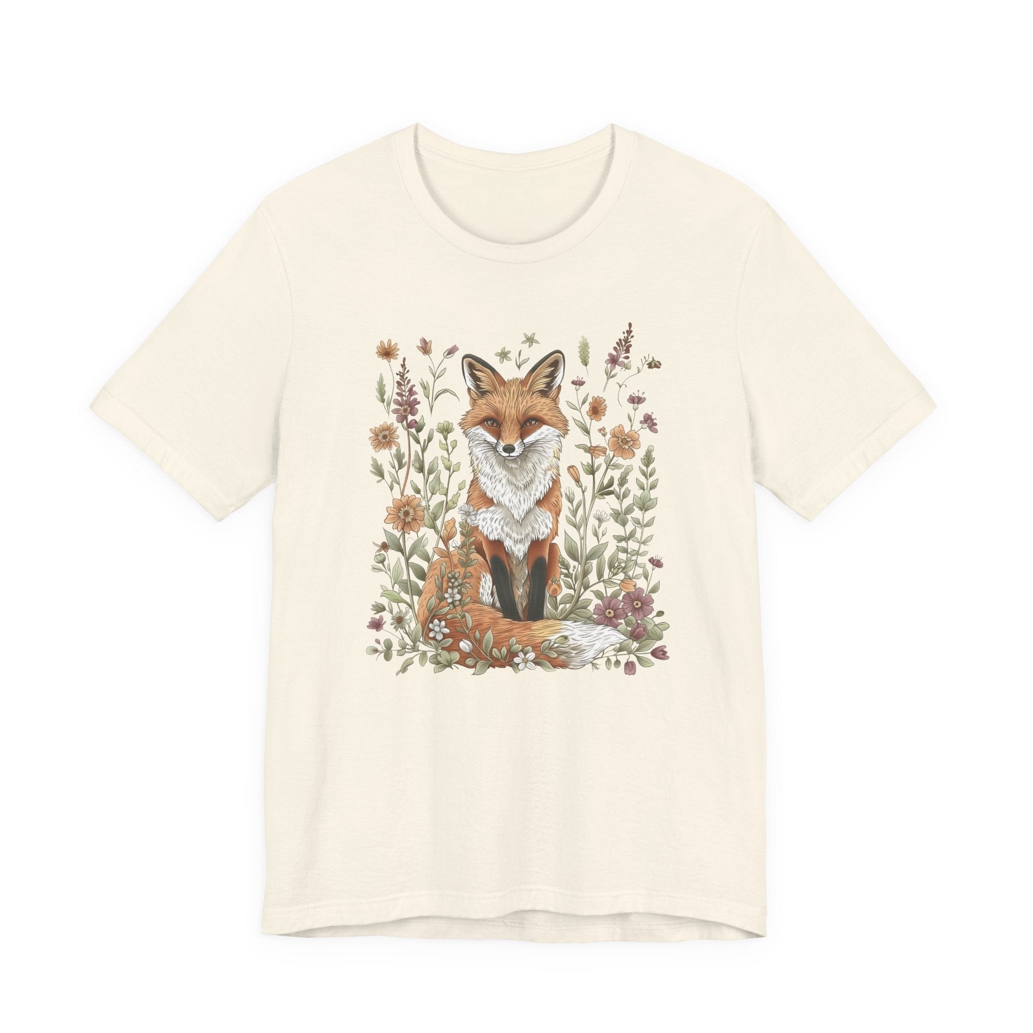 Flat lay of natural t-shirt featuring woodland fox surrounded by flowers
