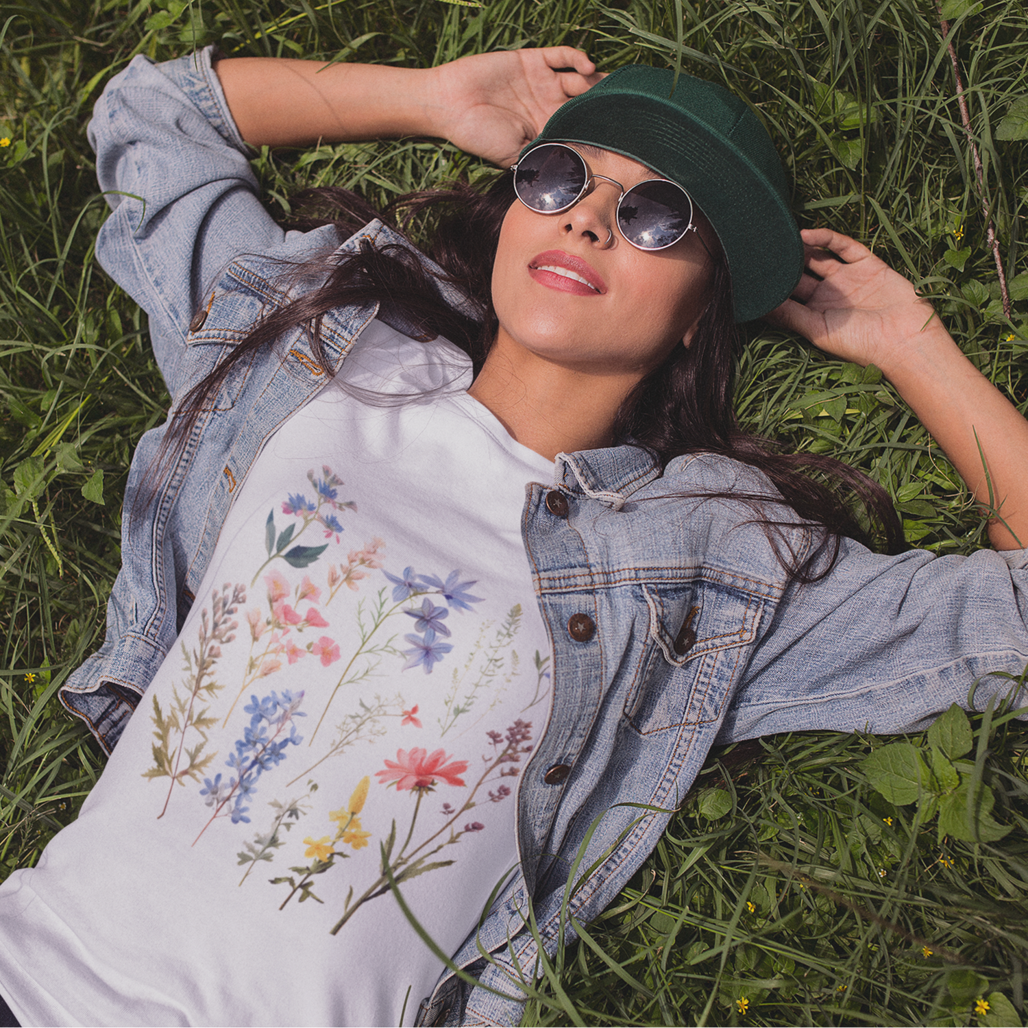 Wildflowers & Florals botanical graphic tee styled with a denim jacket, featuring soft pastel wildflower artwork in a nature-inspired meadow setting.