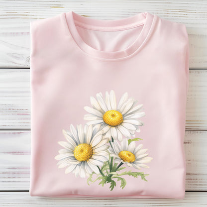 Pink t-shirt with daisy flower design on a wooden surface