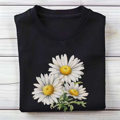 Black t-shirt with white daisy flowers on a wooden surface