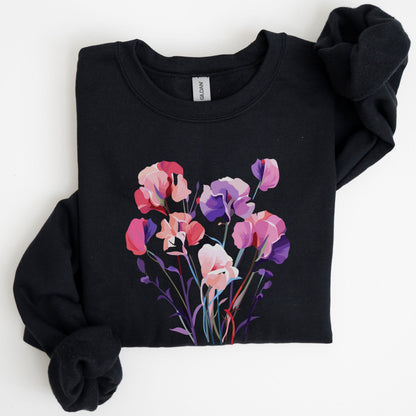 Black sweatshirt with colorful floral design on a white background