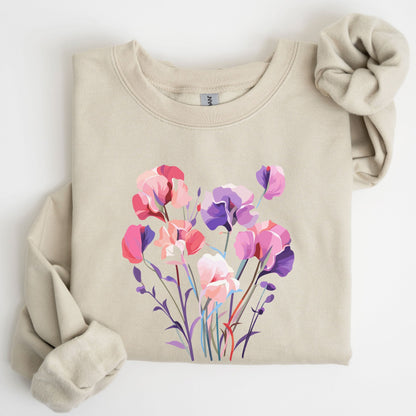 Beige sweatshirt with a colorful floral design on a white background