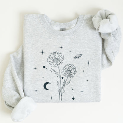 Gray sweatshirt with floral and celestial design on a white background