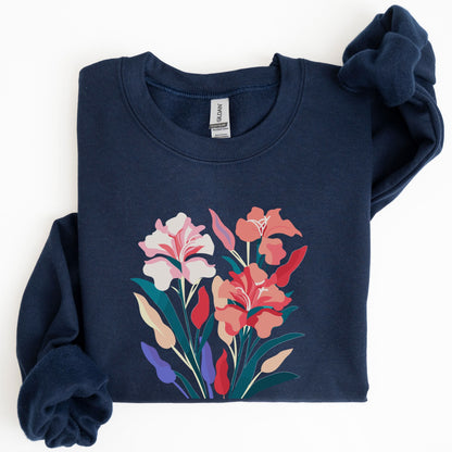 Navy blue sweatshirt with floral design on a white background