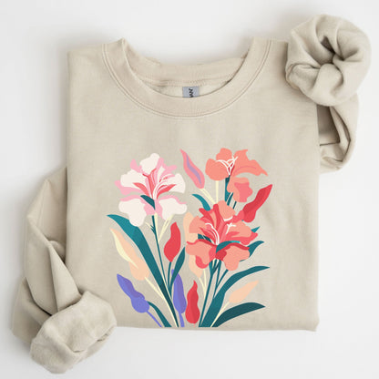 Beige sweatshirt with a colorful floral design on a white background