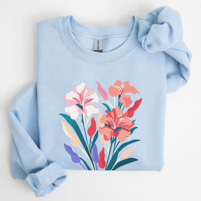 Light blue sweatshirt with floral design on a white background