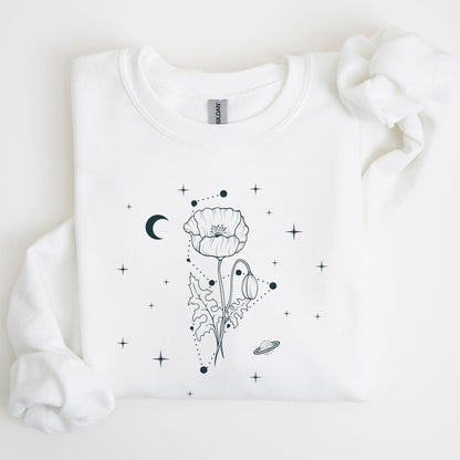 White sweatshirt with black floral and celestial design on a light background