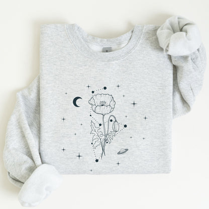 Gray sweatshirt with black floral and celestial design on a white background