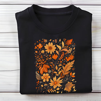 Flat lay of black t-shirt featuring orange and gold autumn floral design