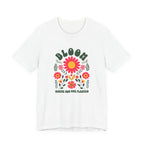 White t-shirt with floral design and text on a white background