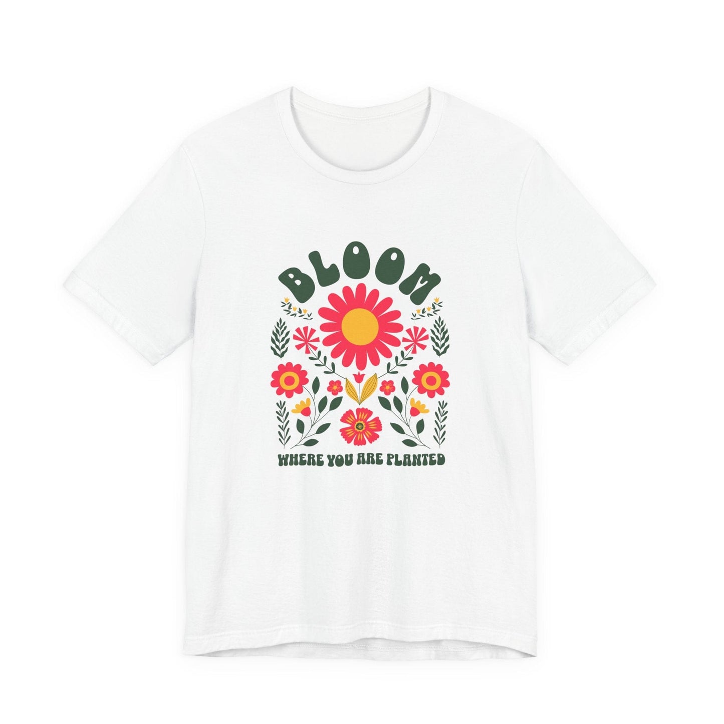 White t-shirt with floral design and text on a white background