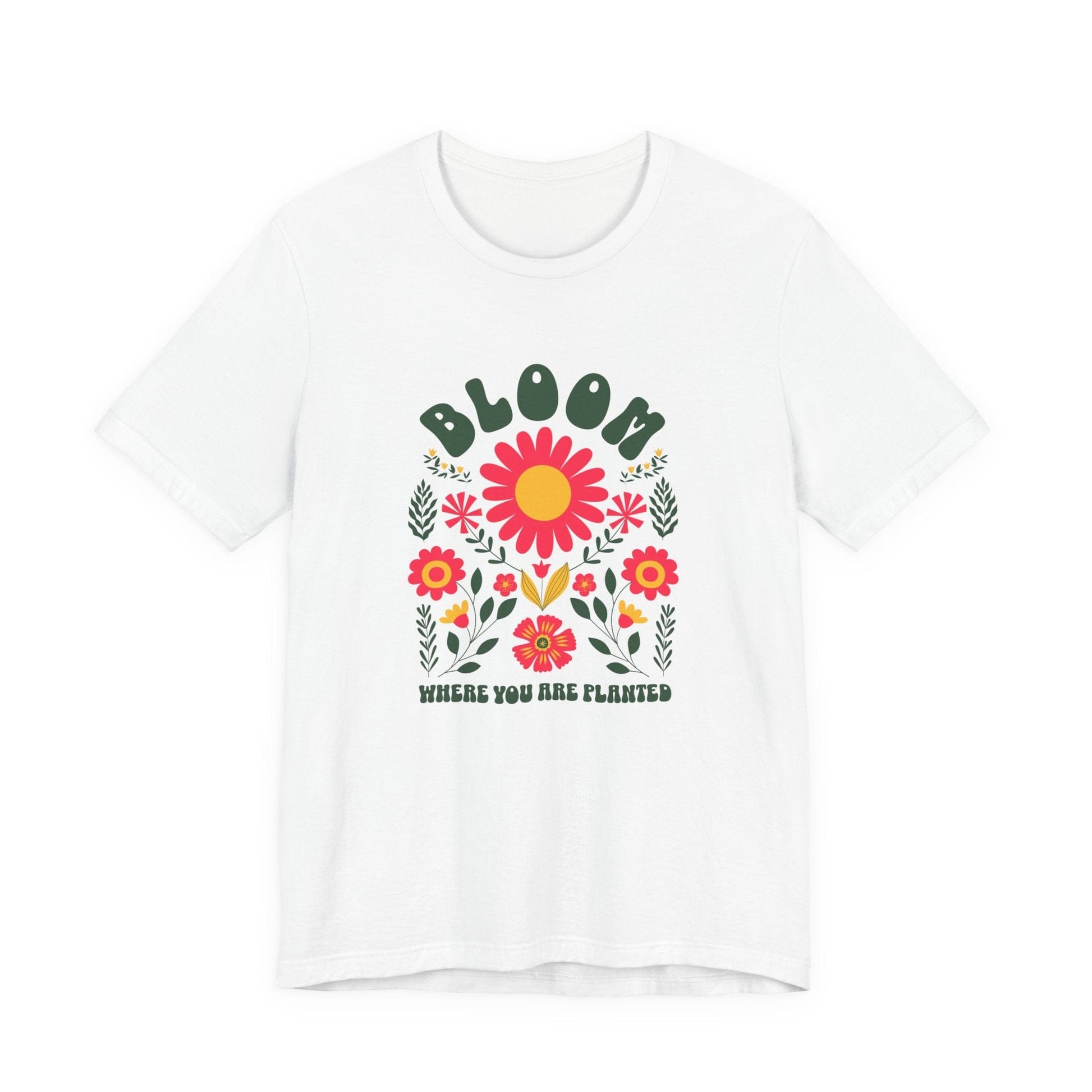 White t-shirt with floral design and text on a white background