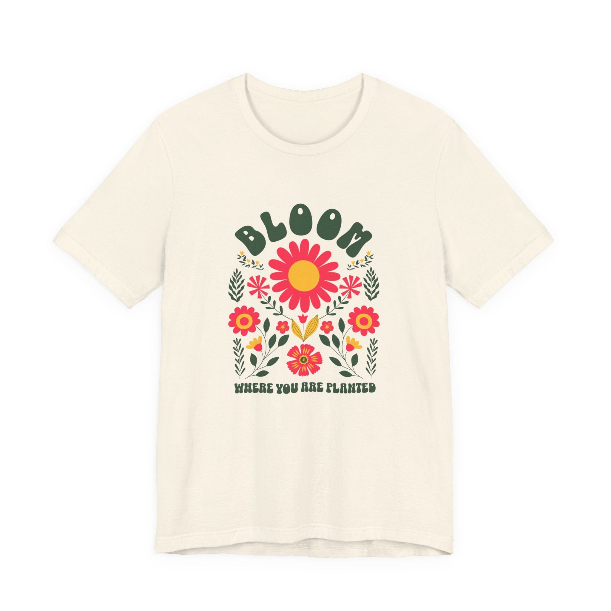 Beige t-shirt with floral design and text on a white background