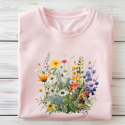 A folded light pink crewneck t-shirt with a colorful wildflower graphic on the front, displayed on a white-washed wooden plank background.