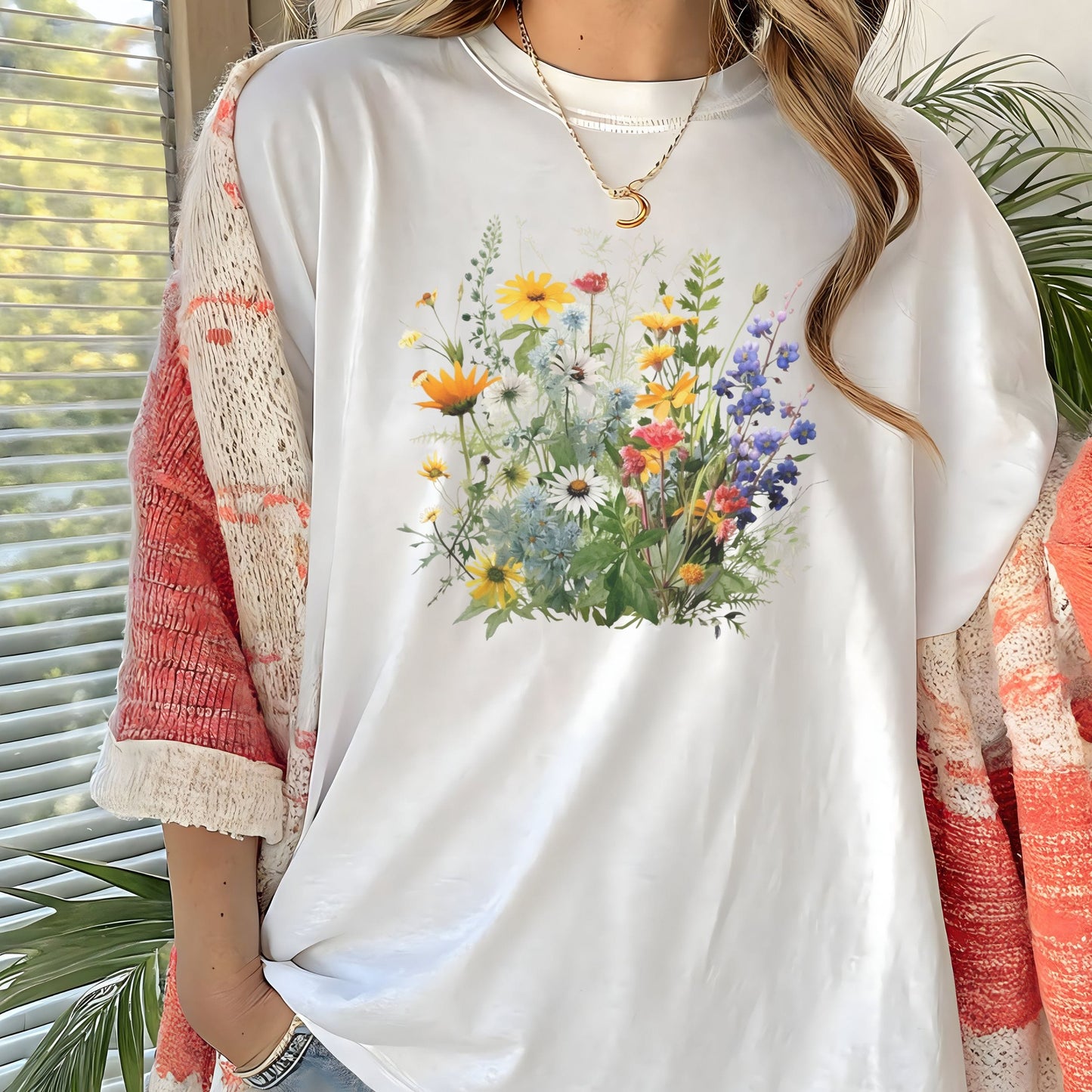 A woman wearing a white oversized T-shirt with a colorful wildflower graphic on the front, layered with a coral and cream knit cardigan. The background features a window with blinds and green plants.