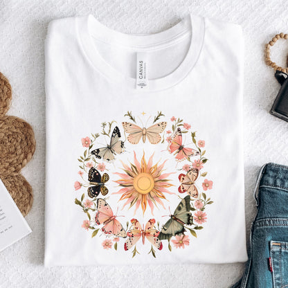 White long sleeve t-shirt with butterfly and floral design 