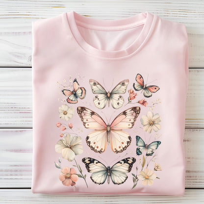 Pink t-shirt with butterfly and flower designs on a wooden surface