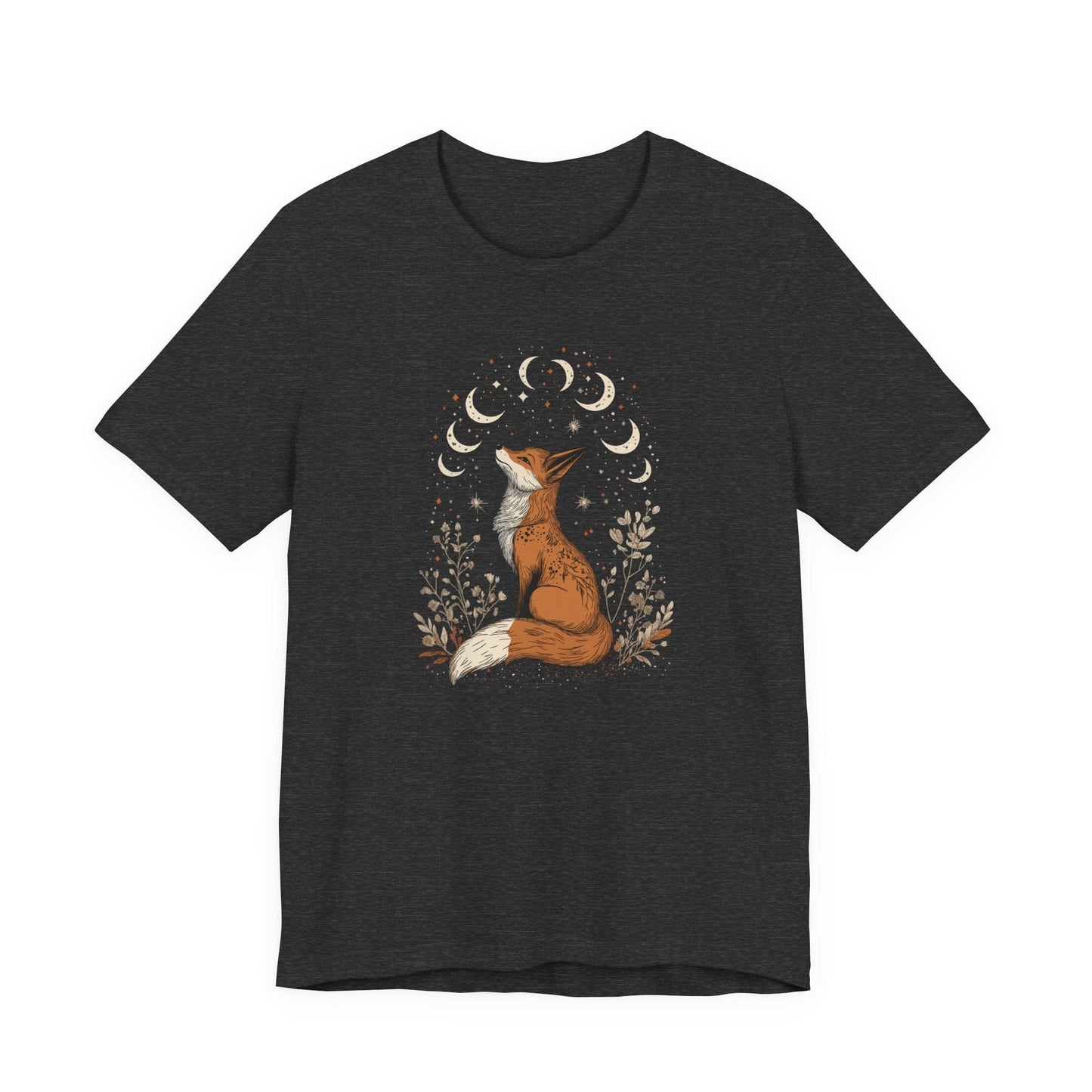 Dark heather grey t-shirt with a fox and moon design on a white background