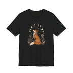 Black t-shirt with a fox and moon design on a white background