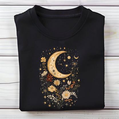 Black long sleeve tee with a celestial design featuring a moon, flowers, and stars on a wooden surface.