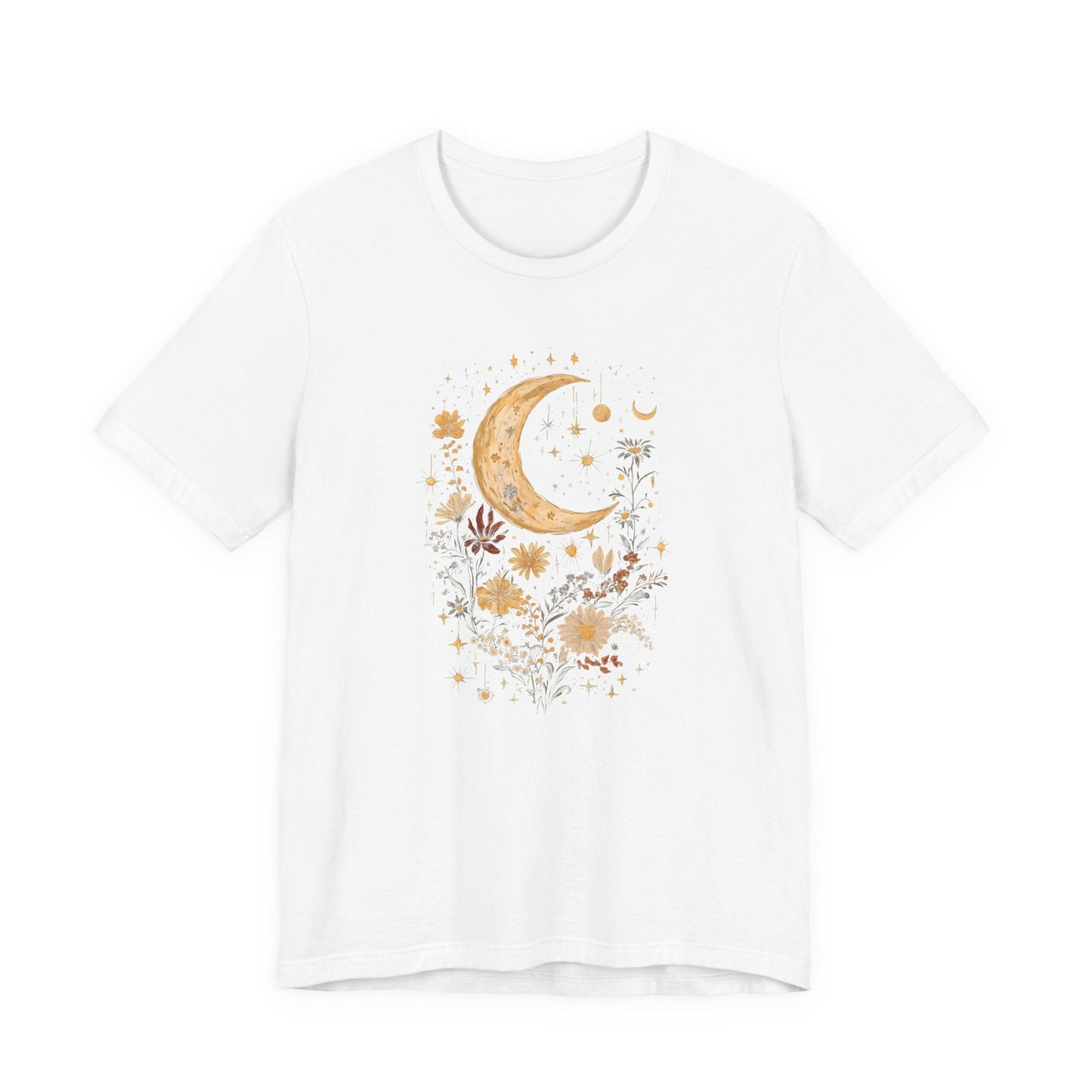 White t-shirt with a gold moon and floral design on a white background