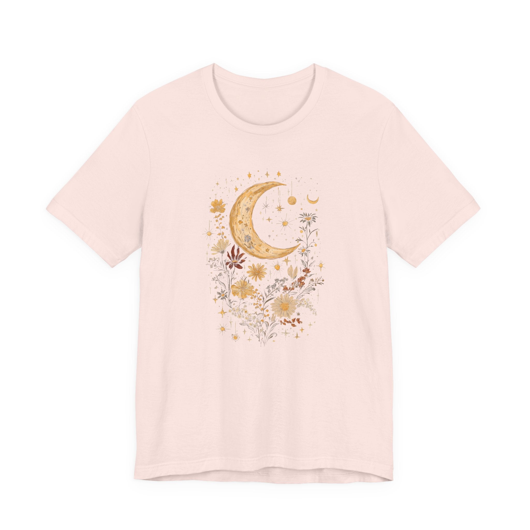 Light pink t-shirt with a moon and floral design on a white background