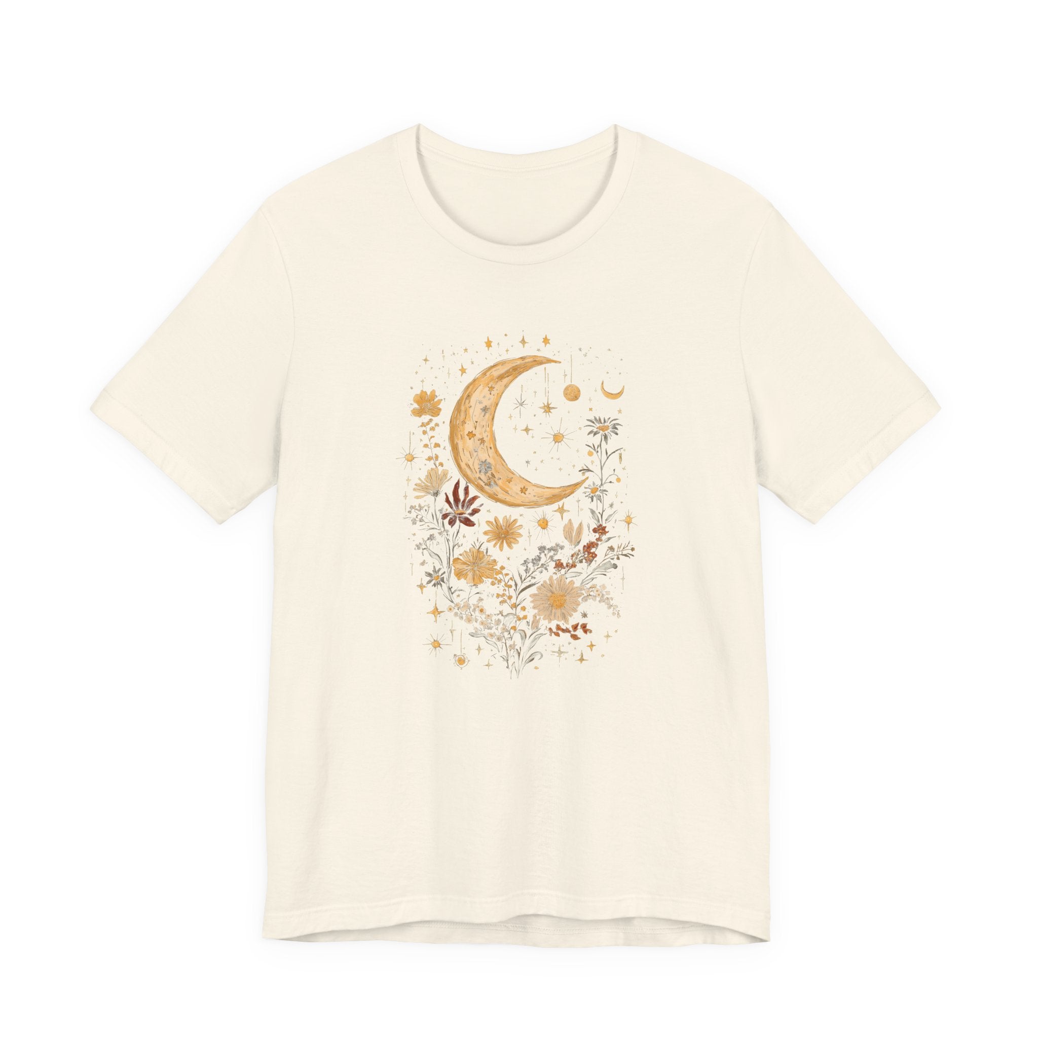 Beige t-shirt with a moon and floral design on a white background