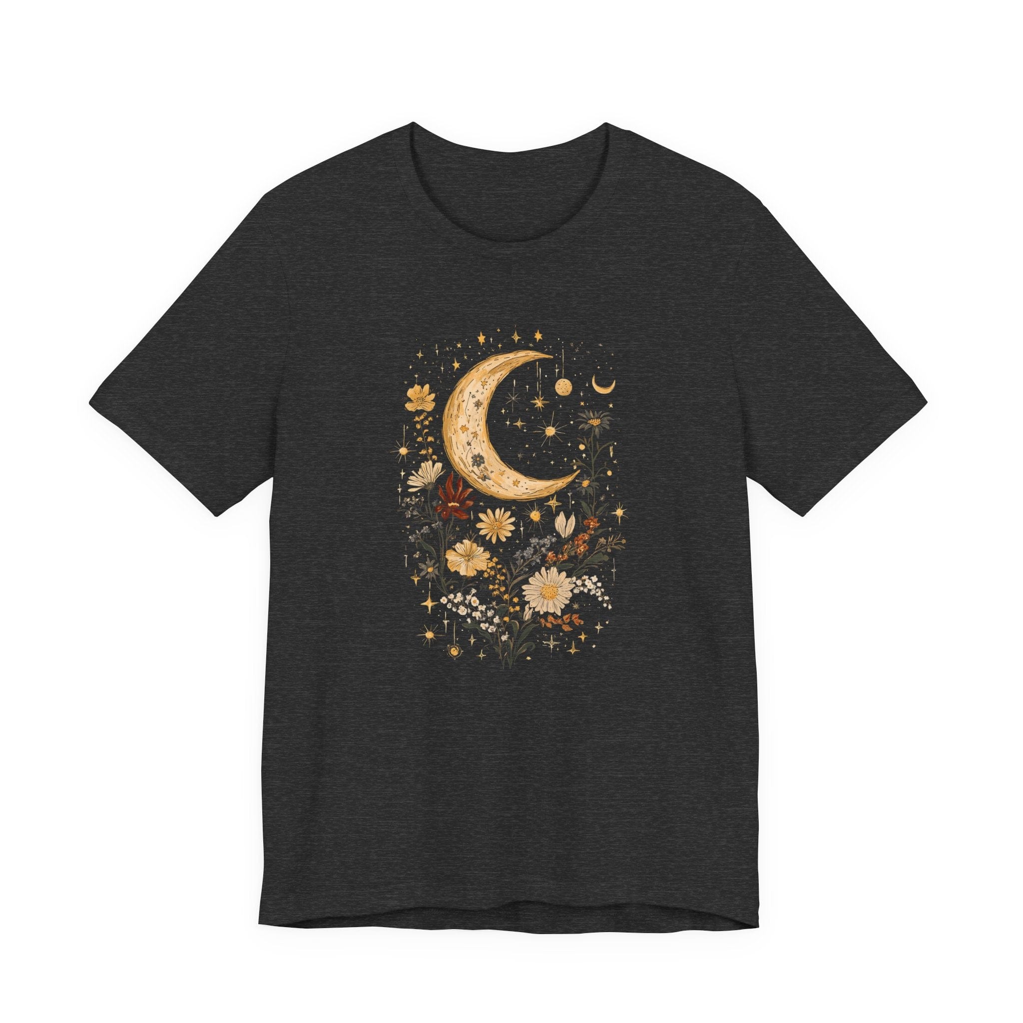 Dark heather grey t-shirt with a celestial design featuring a moon and flowers on a white background