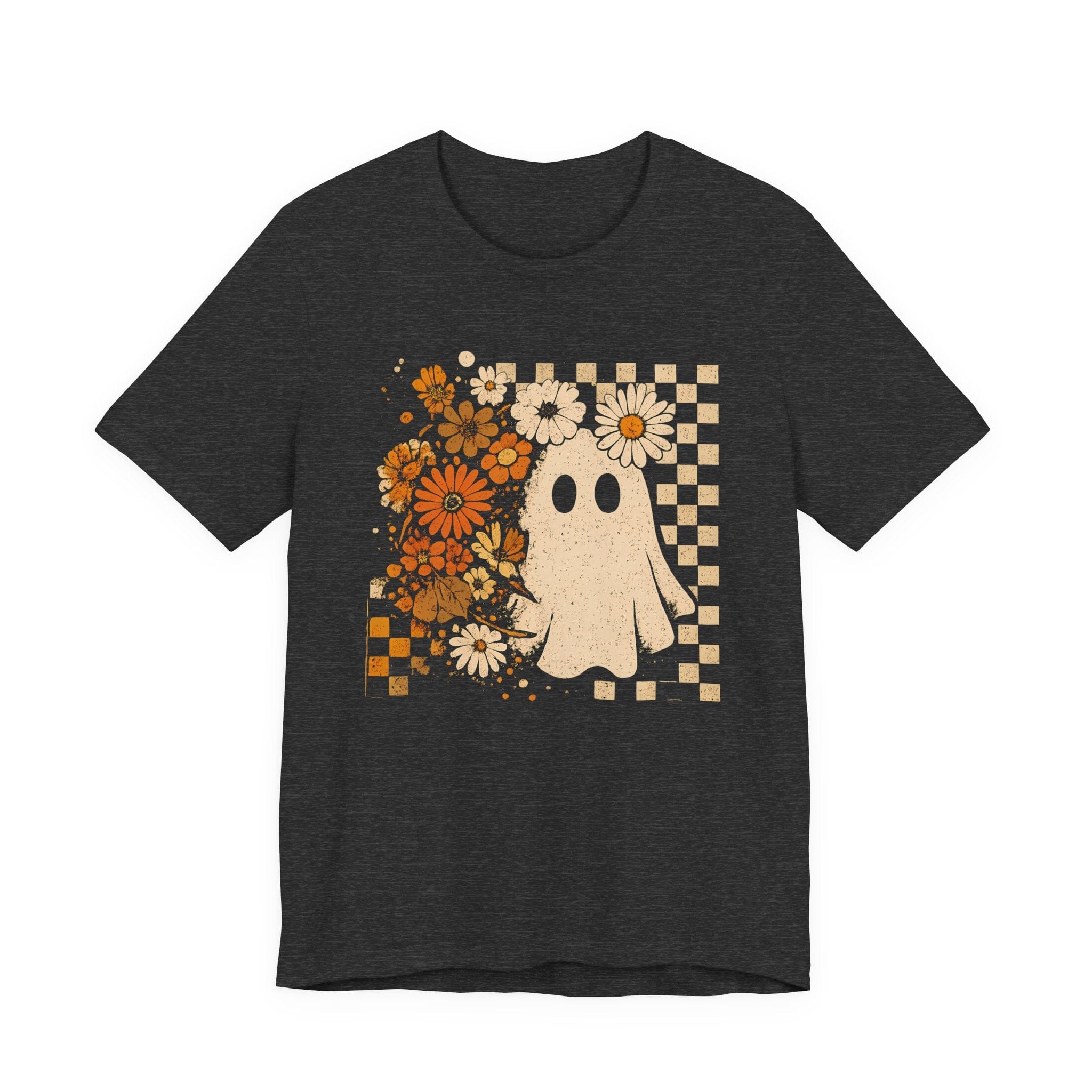 Dark heather grey t-shirt with a ghost and floral design on a white background