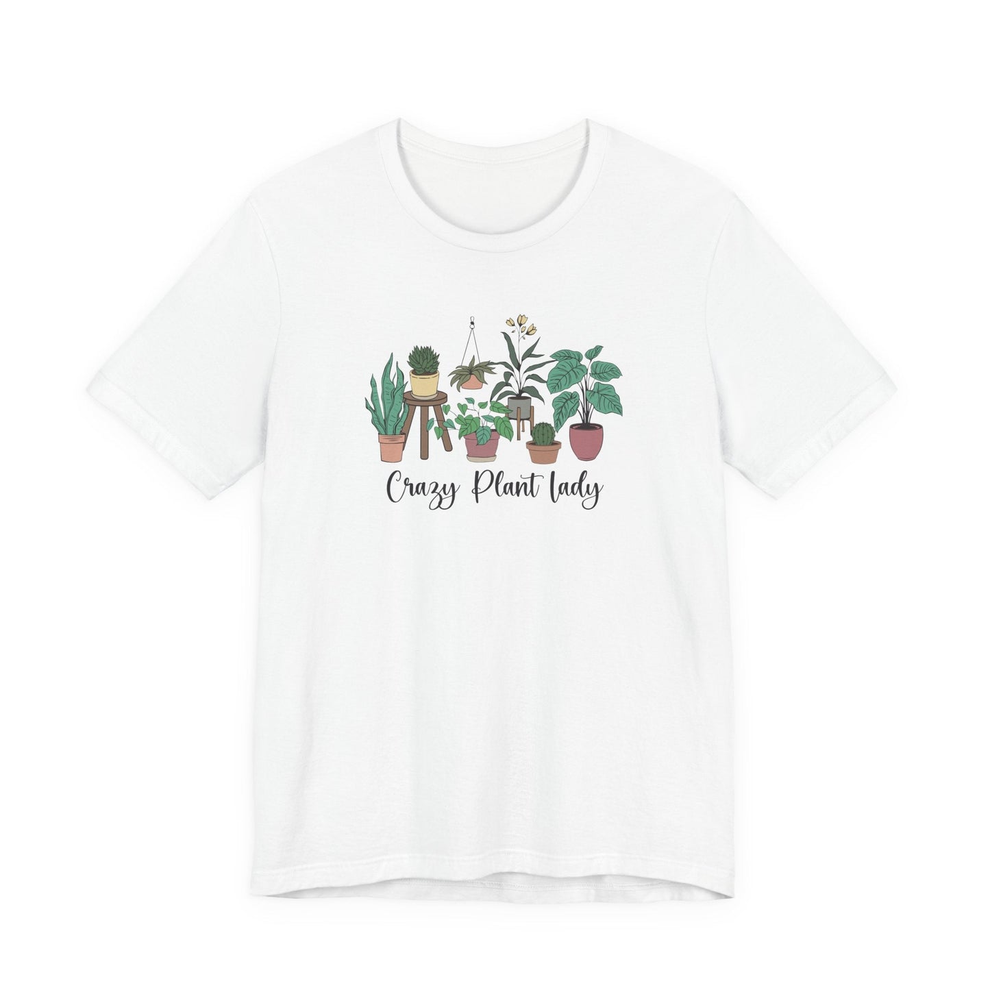 White t-shirt with plant-themed design and text on a white background