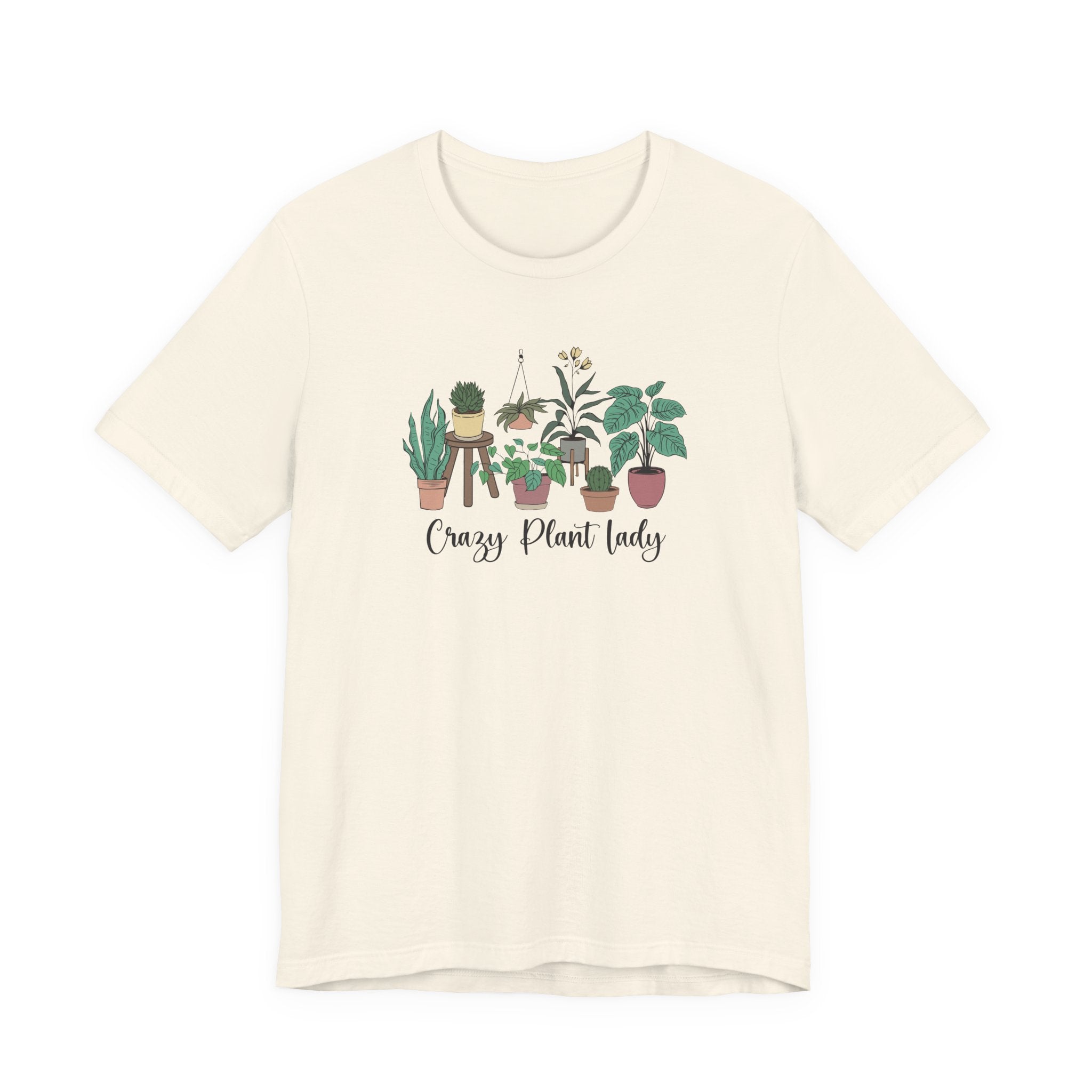 Beige t-shirt with plant graphic and text on a white background