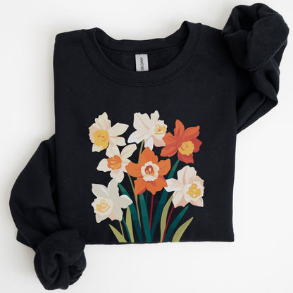 Black sweatshirt with floral design on a white background