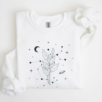 White sweatshirt with black celestial design on a light gray background