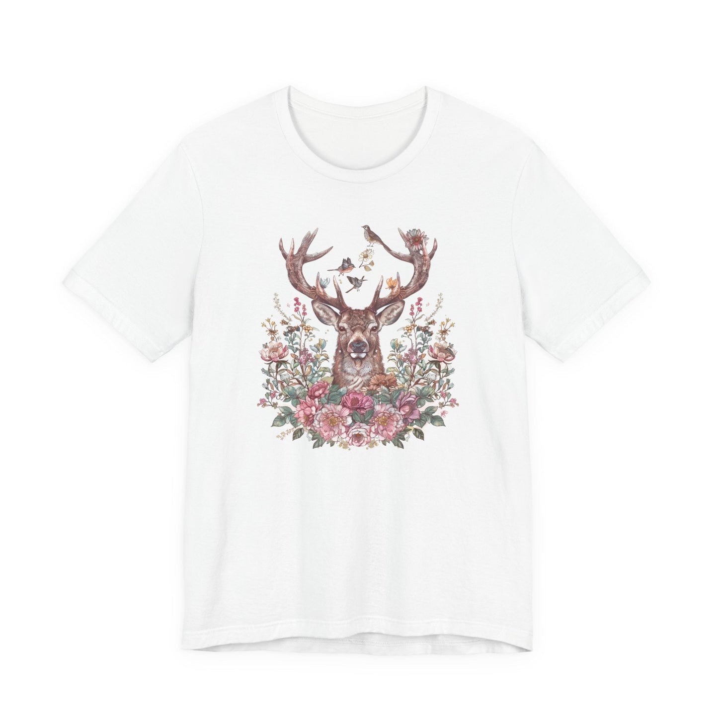 White t-shirt with a deer and floral design on a white background