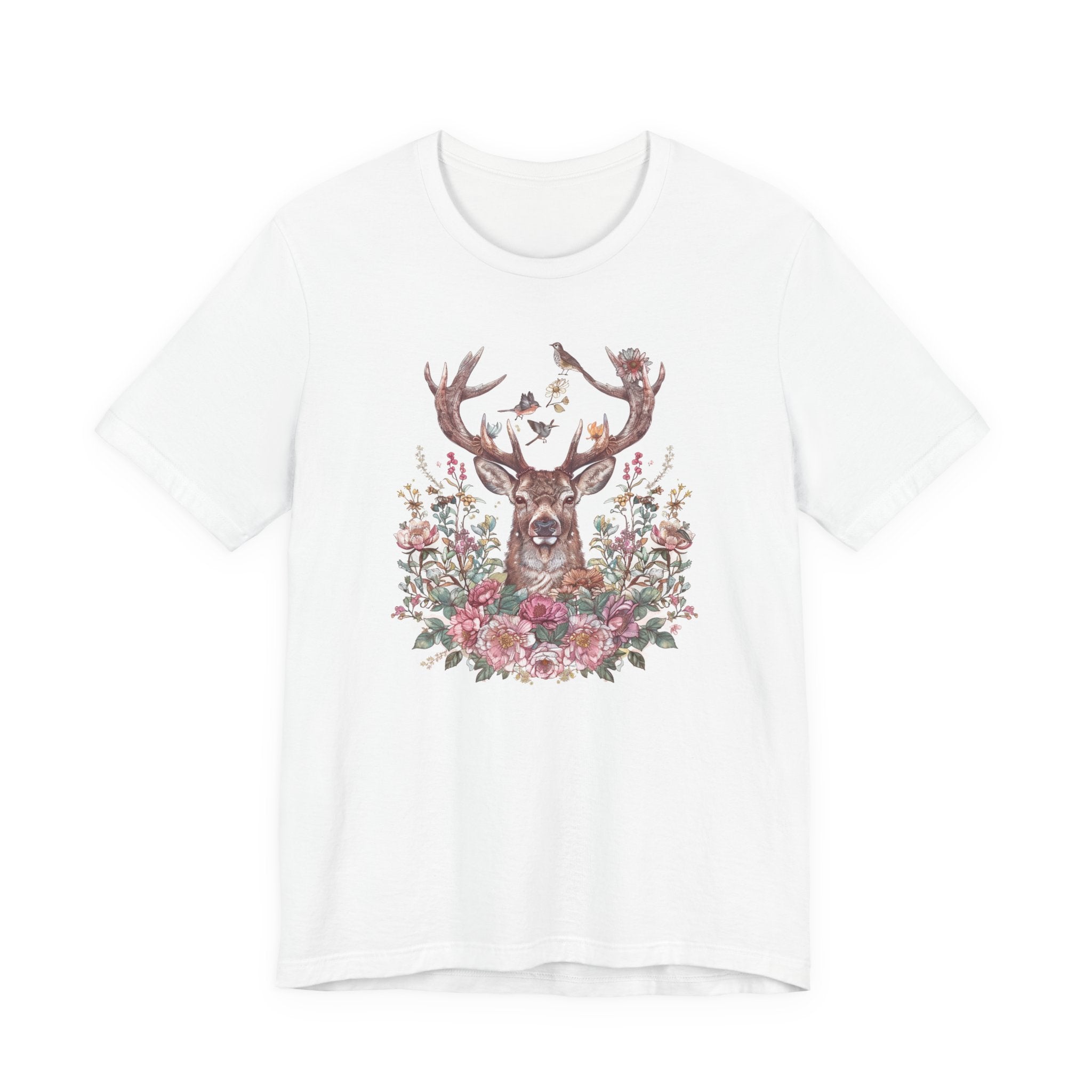 White t-shirt with a deer and floral design on a white background