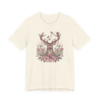 Beige t-shirt with a deer and floral design on a white background