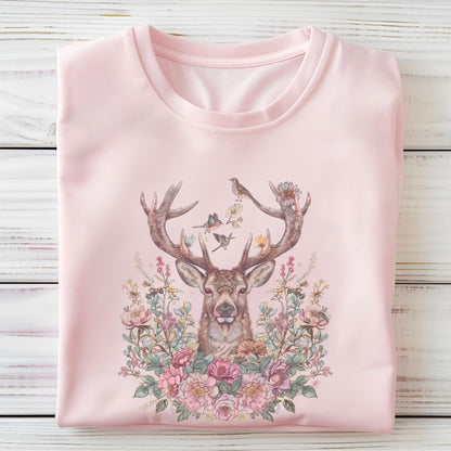 Pink t-shirt with a deer and floral design on a wooden surface