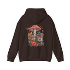 Brown hoodie with a colorful mushroom design on the back against a white background
