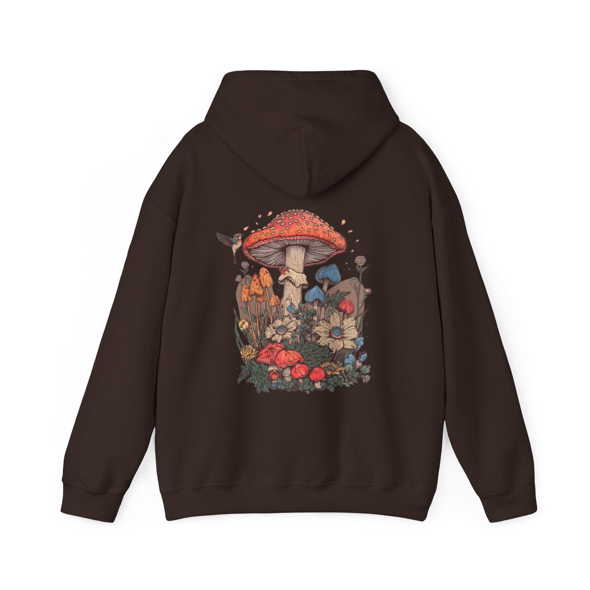 Brown hoodie with a colorful mushroom design on the back against a white background