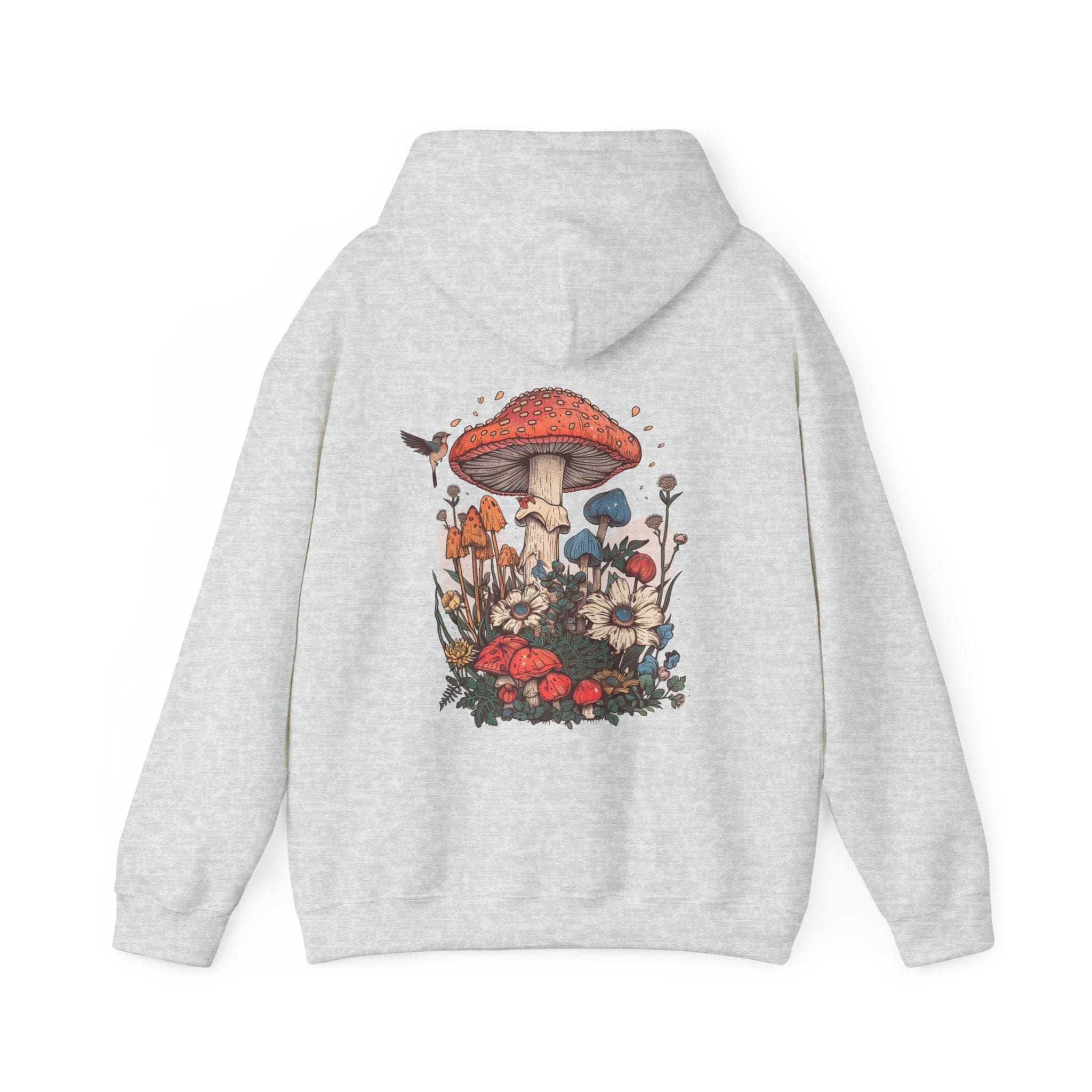 Gray hoodie with a colorful mushroom and floral design on the back against a white background
