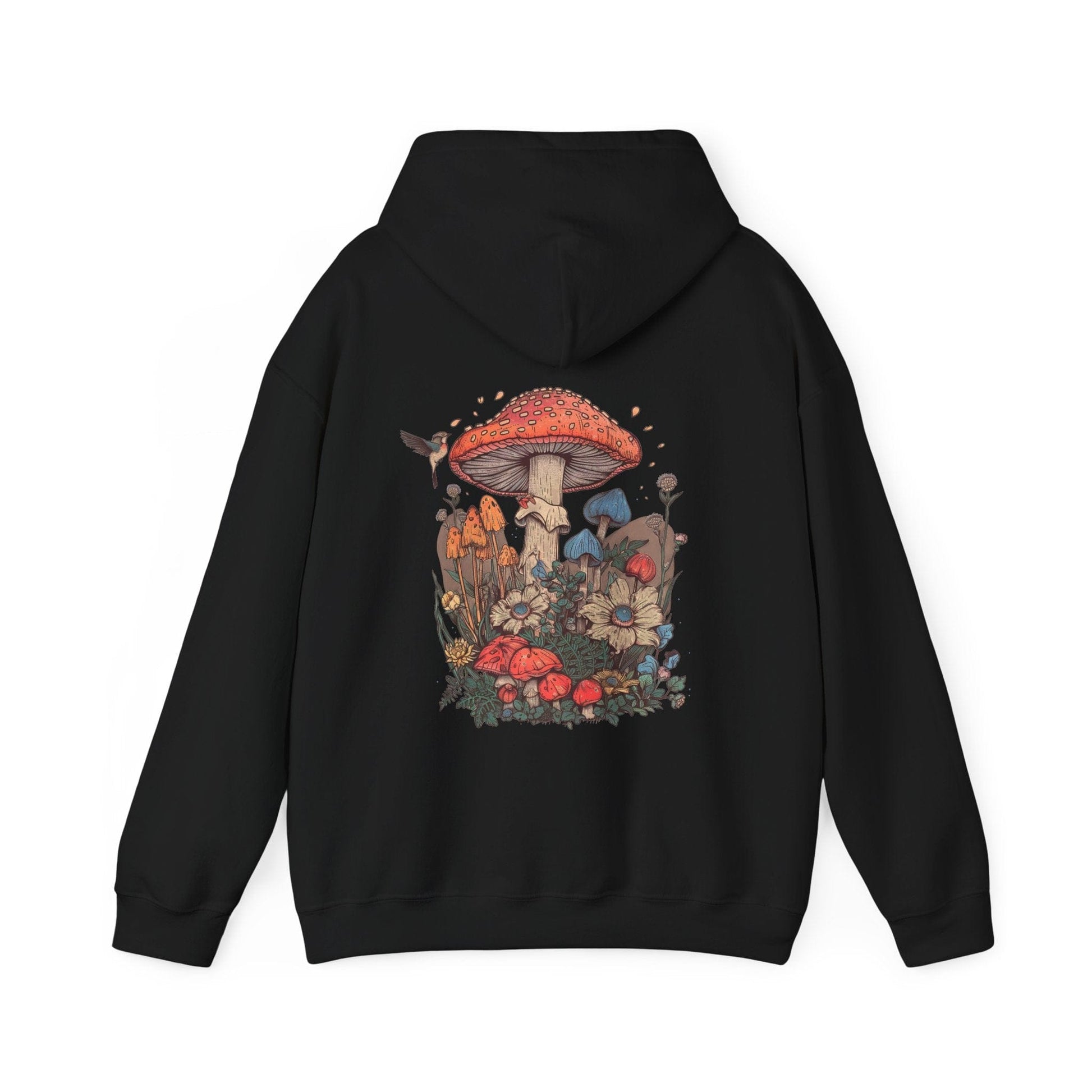 Black hoodie with a colorful mushroom design on the back against a white background