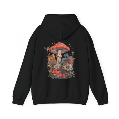 Black hoodie with a colorful mushroom design on the back against a white background