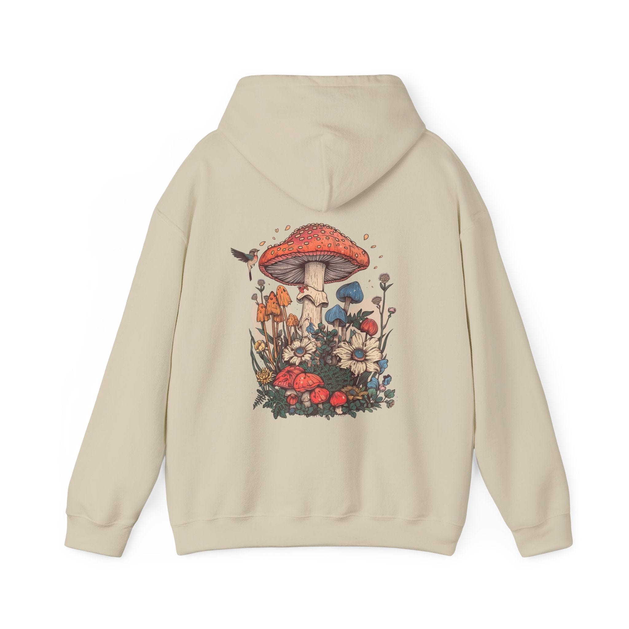 Beige hoodie with a colorful mushroom and floral design on the back against a white background