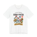 Flat lay of white t-shirt with vintage farm fresh flower bouquet graphic