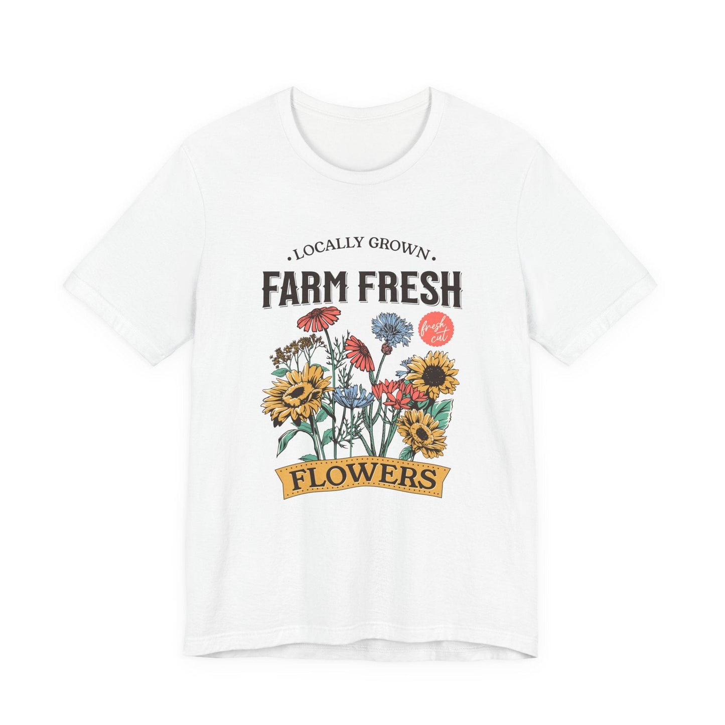 Flat lay of white t-shirt with vintage farm fresh flower bouquet graphic