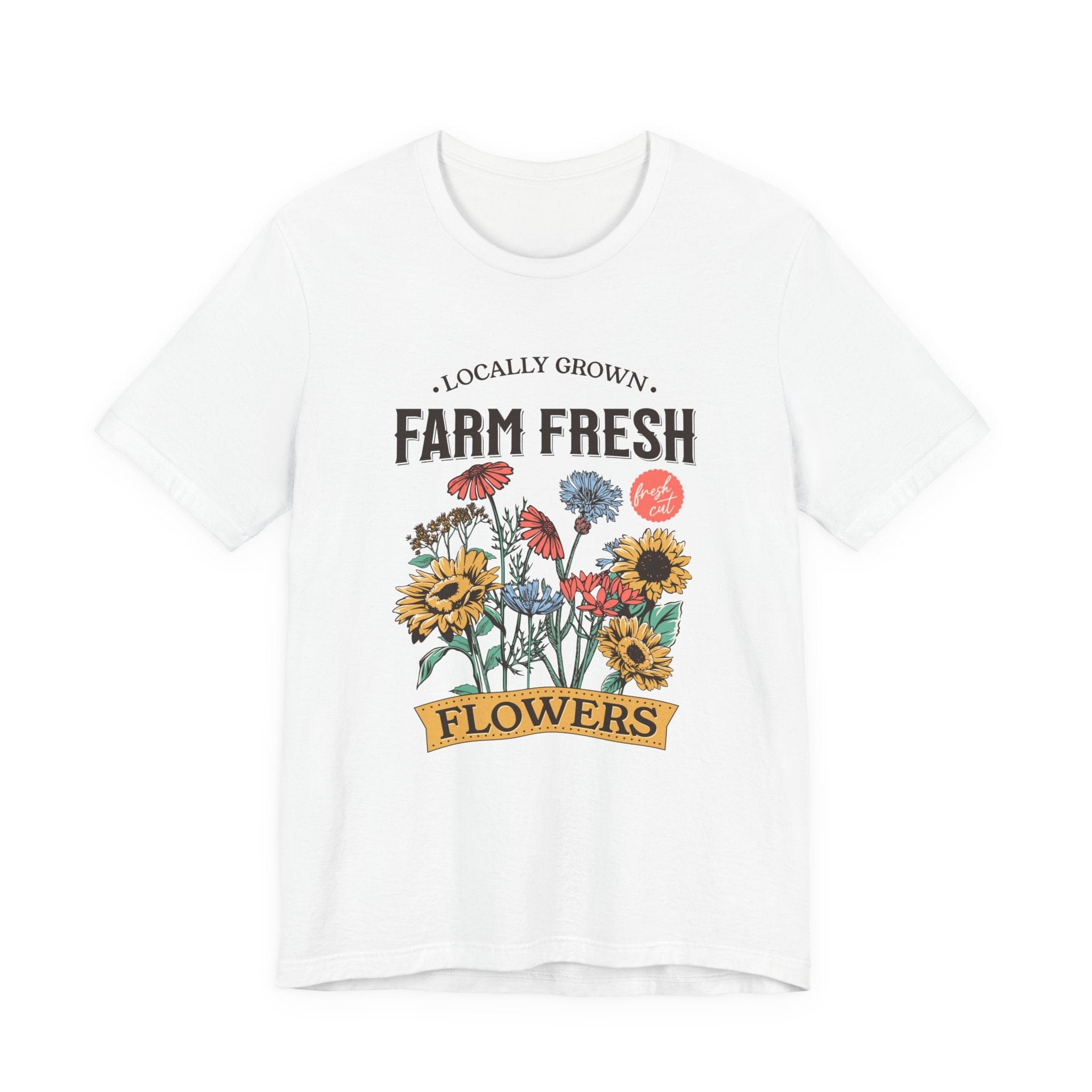 Flat lay of white t-shirt with vintage farm fresh flower bouquet graphic